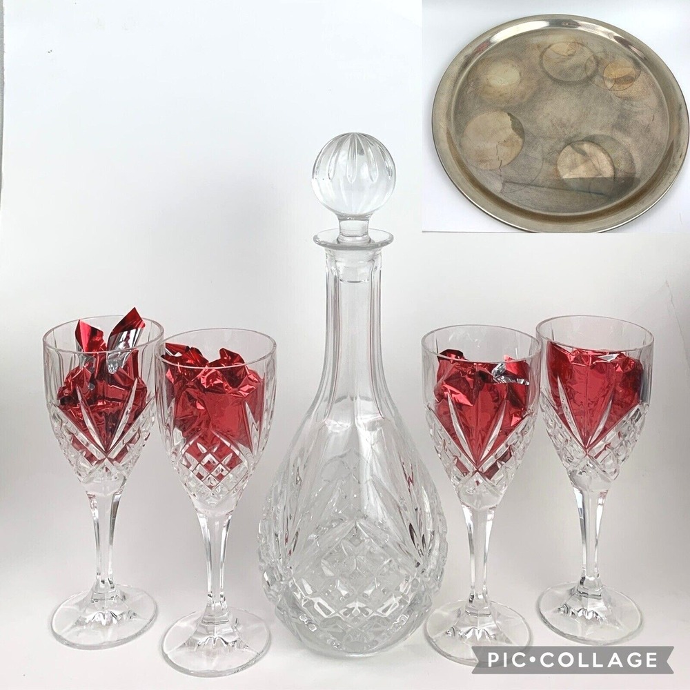 Godinger Dublin Collection Crystal Decanter 4 Wine Glasses Silver Serving Tray